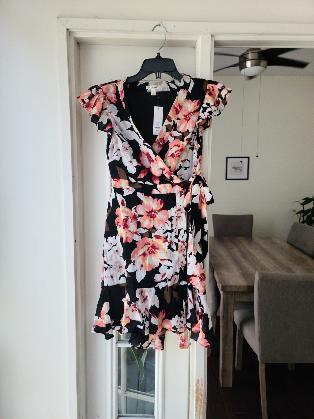 miami Black Floral Wrap Mini Dress with Pink & White Blooms